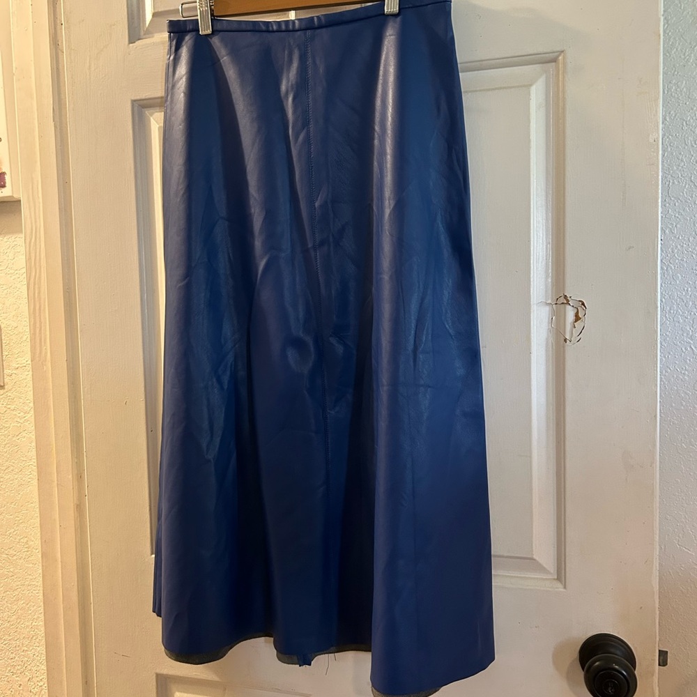Zara Blue Faux Leather A-Line Midi Skirt